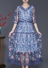 Load image into Gallery viewer, Art Blue Embroidered Tulle Cinched Dress Summer