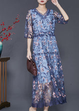 Load image into Gallery viewer, Art Blue Embroidered Tulle Cinched Dress Summer