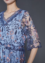 Load image into Gallery viewer, Art Blue Embroidered Tulle Cinched Dress Summer