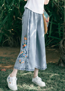 Art Blue Embroidered Pockets Patchwork Denim Wide Leg Pants Summer