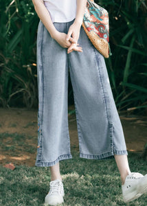 Art Blue Embroidered Pockets Patchwork Denim Wide Leg Pants Summer