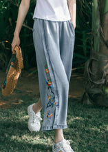 Load image into Gallery viewer, Art Blue Embroidered Pockets Patchwork Denim Wide Leg Pants Summer