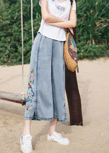 Art Blue Embroidered Pockets Patchwork Denim Wide Leg Pants Summer