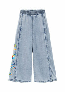 Art Blue Embroidered Pockets Patchwork Denim Wide Leg Pants Summer