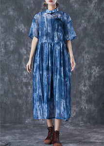 Art Blue Mandarin Collar Tie Dye Lace Up Dress Summer