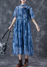 Load image into Gallery viewer, Art Blue Mandarin Collar Tie Dye Lace Up Dress Summer