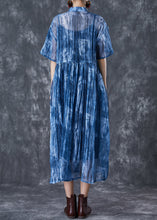 Load image into Gallery viewer, Art Blue Mandarin Collar Tie Dye Lace Up Dress Summer