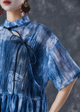 Load image into Gallery viewer, Art Blue Mandarin Collar Tie Dye Lace Up Dress Summer