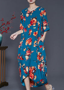 Art Blue Oversized Flower Front Open Cotton Long Dress Summer