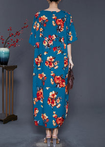 Art Blue Oversized Flower Front Open Cotton Long Dress Summer