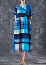 Load image into Gallery viewer, Art Blue Ruffled Patchwork Plaid Cotton Long Dress Summer