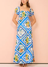 Load image into Gallery viewer, Art Blue Square Collar Print Linen Long Dresses Summer