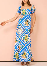 Load image into Gallery viewer, Art Blue Square Collar Print Linen Long Dresses Summer