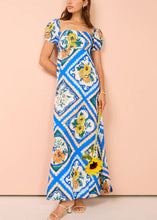 Load image into Gallery viewer, Art Blue Square Collar Print Linen Long Dresses Summer