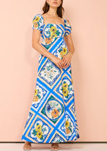 Load image into Gallery viewer, Art Blue Square Collar Print Linen Long Dresses Summer