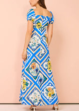 Load image into Gallery viewer, Art Blue Square Collar Print Linen Long Dresses Summer