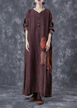 Load image into Gallery viewer, Art Brick Red Oversized Patchwork Applique Linen Ankle Dress Batwing Sleeve