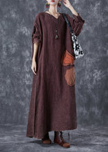 Load image into Gallery viewer, Art Brick Red Oversized Patchwork Applique Linen Ankle Dress Batwing Sleeve