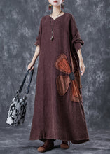 Load image into Gallery viewer, Art Brick Red Oversized Patchwork Applique Linen Ankle Dress Batwing Sleeve