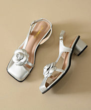 Load image into Gallery viewer, Art Floral Splicing Chunky Sandals Silver Faux Leather Buckle Strap