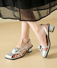 Load image into Gallery viewer, Art Floral Splicing Chunky Sandals Silver Faux Leather Buckle Strap