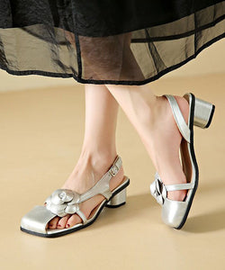 Art Floral Splicing Chunky Sandals Silver Faux Leather Buckle Strap