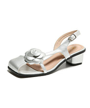 Load image into Gallery viewer, Art Floral Splicing Chunky Sandals Silver Faux Leather Buckle Strap