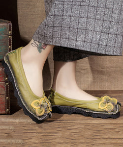 Art Flower Flat Shoes Green Cowhide Leather