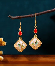 Load image into Gallery viewer, Art Gold Copper Overgild Inlaid Jade Gem Stone Bamboo Leaf Drop Earrings