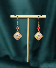 Load image into Gallery viewer, Art Gold Copper Overgild Inlaid Jade Gem Stone Bamboo Leaf Drop Earrings