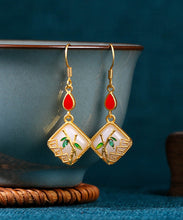 Load image into Gallery viewer, Art Gold Copper Overgild Inlaid Jade Gem Stone Bamboo Leaf Drop Earrings