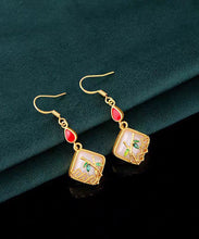 Load image into Gallery viewer, Art Gold Copper Overgild Inlaid Jade Gem Stone Bamboo Leaf Drop Earrings