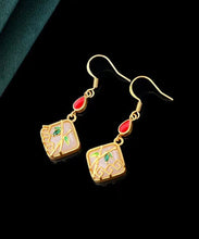 Load image into Gallery viewer, Art Gold Copper Overgild Inlaid Jade Gem Stone Bamboo Leaf Drop Earrings