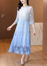 Load image into Gallery viewer, Art Gradient Blue O Neck Embroidered Drawstring Silk Dress Summer