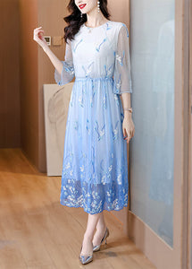 Art Gradient Blue O Neck Embroidered Drawstring Silk Dress Summer