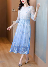 Load image into Gallery viewer, Art Gradient Blue O Neck Embroidered Drawstring Silk Dress Summer