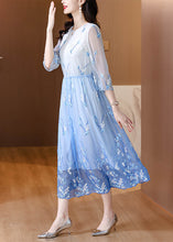 Load image into Gallery viewer, Art Gradient Blue O Neck Embroidered Drawstring Silk Dress Summer