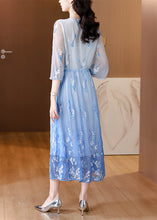 Load image into Gallery viewer, Art Gradient Blue O Neck Embroidered Drawstring Silk Dress Summer