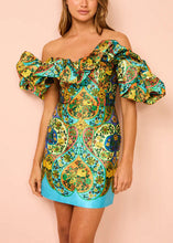 Load image into Gallery viewer, Art Green Cold Shoulder Print Silk Mid Dress Summer