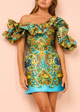 Load image into Gallery viewer, Art Green Cold Shoulder Print Silk Mid Dress Summer