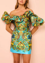 Load image into Gallery viewer, Art Green Cold Shoulder Print Silk Mid Dress Summer