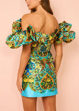 Load image into Gallery viewer, Art Green Cold Shoulder Print Silk Mid Dress Summer