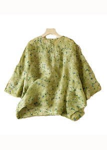 Art Green O Neck Print Patchwork Cotton Blouse Top Half Sleeve