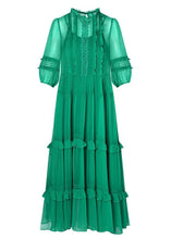 Load image into Gallery viewer, Art Green O-Neck Ruffled Patchwork Silk Two-Piece Set Dress Summer