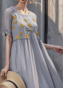 Art Grey Print Solid Silk Long Dresses Summer