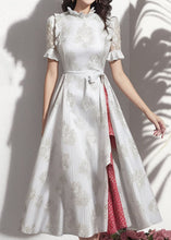 Load image into Gallery viewer, Art Grey Ruffled Patchwork Silk Long Dress Short Sleeve