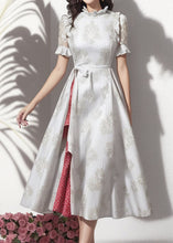 Load image into Gallery viewer, Art Grey Ruffled Patchwork Silk Long Dress Short Sleeve