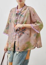 Load image into Gallery viewer, Art Khaki Ruffled Print Chinese Button Linen Blouse Tops Summer