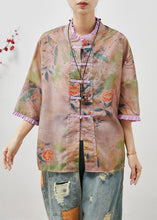 Load image into Gallery viewer, Art Khaki Ruffled Print Chinese Button Linen Blouse Tops Summer