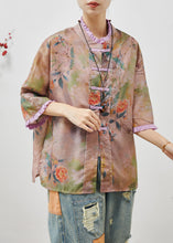 Load image into Gallery viewer, Art Khaki Ruffled Print Chinese Button Linen Blouse Tops Summer